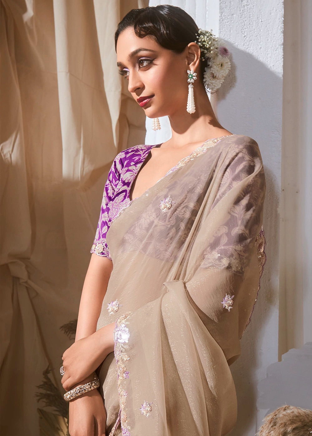Light Beige Brown Tissue Saree with Dhaga,Thread & Sequin Embellishments