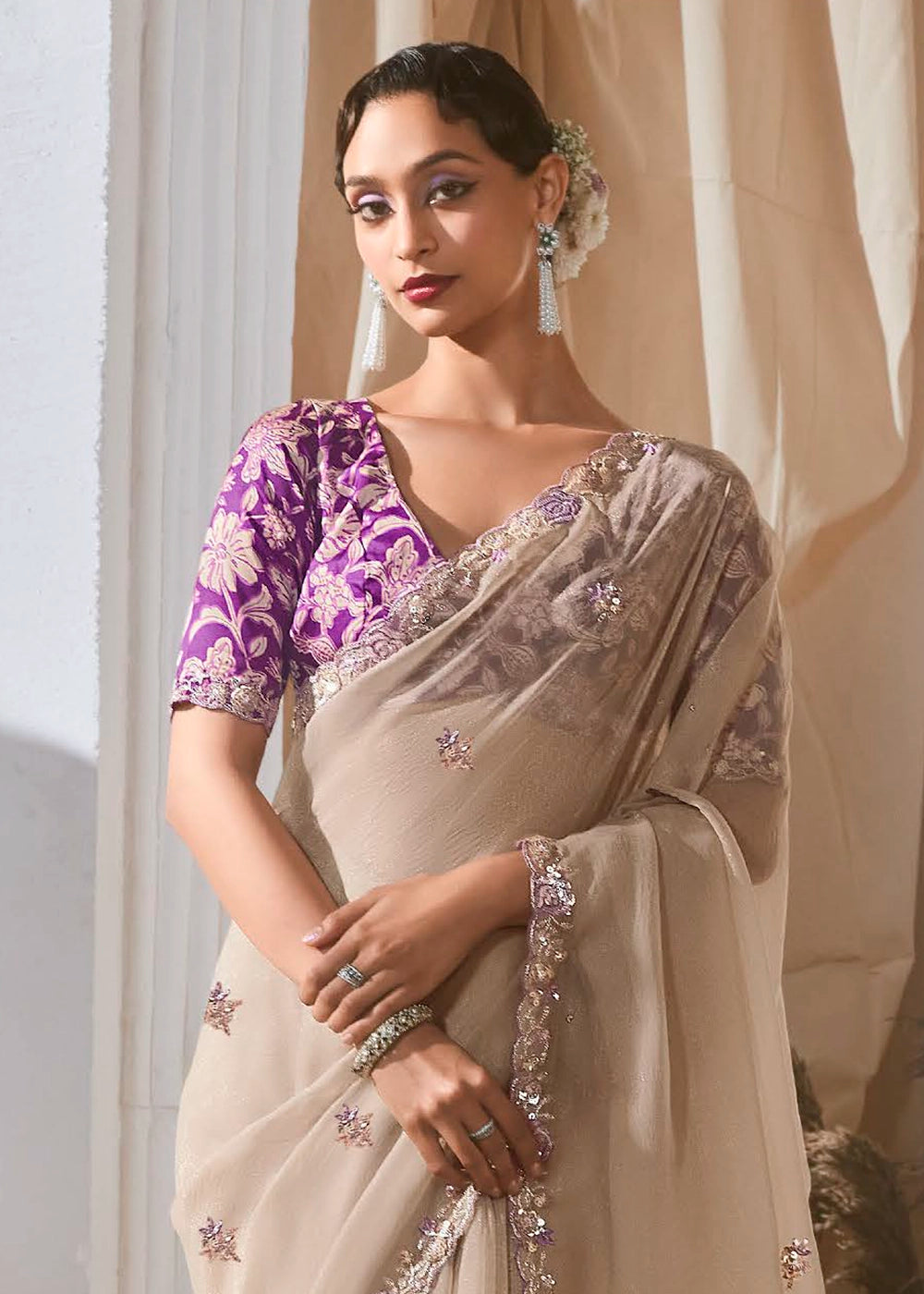 Light Beige Brown Tissue Saree with Dhaga,Thread & Sequin Embellishments