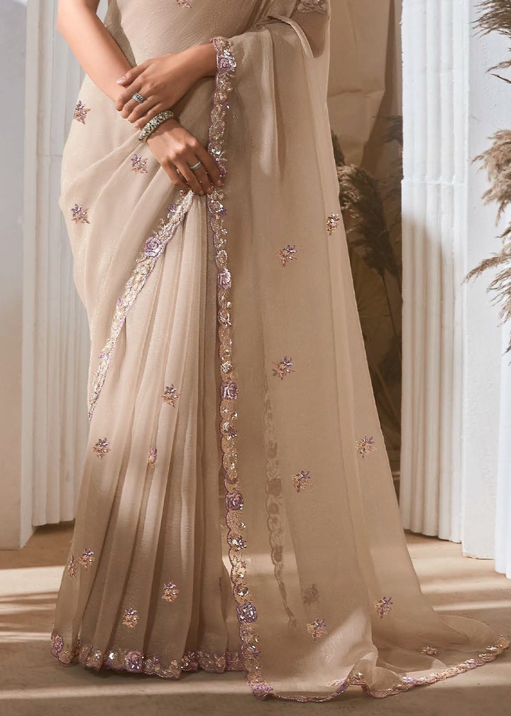 Light Beige Brown Tissue Saree with Dhaga,Thread & Sequin Embellishments