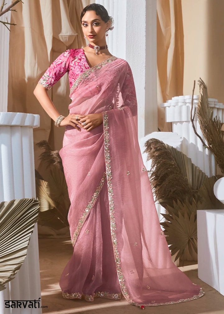 Baby Pink Tissue Saree with Dhaga,Thread & Sequin Embellishments