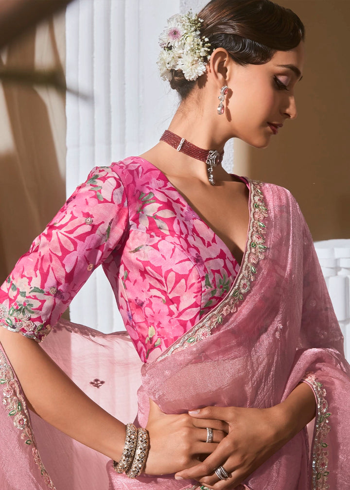 Baby Pink Tissue Saree with Dhaga,Thread & Sequin Embellishments