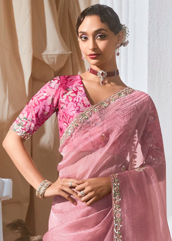 Baby Pink Tissue Saree with Dhaga,Thread & Sequin Embellishments