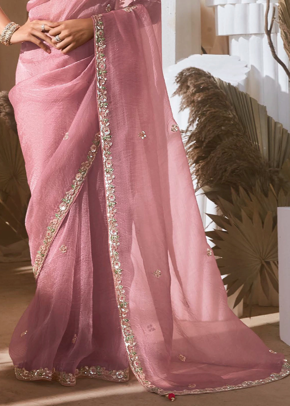 Baby Pink Tissue Saree with Dhaga,Thread & Sequin Embellishments