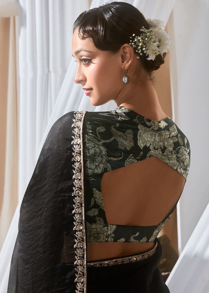 Charcoal Black Tissue Saree with Dhaga,Thread & Sequin Embellishments