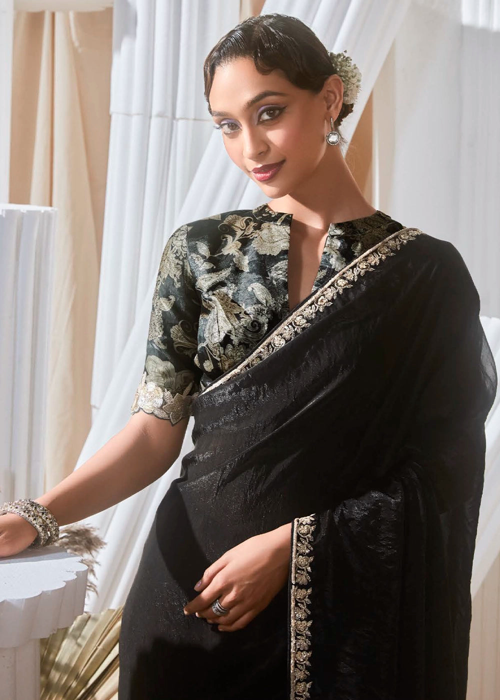 Charcoal Black Tissue Saree with Dhaga,Thread & Sequin Embellishments