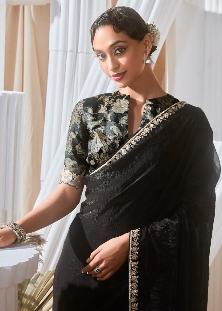 Charcoal Black Tissue Saree with Dhaga,Thread & Sequin Embellishments