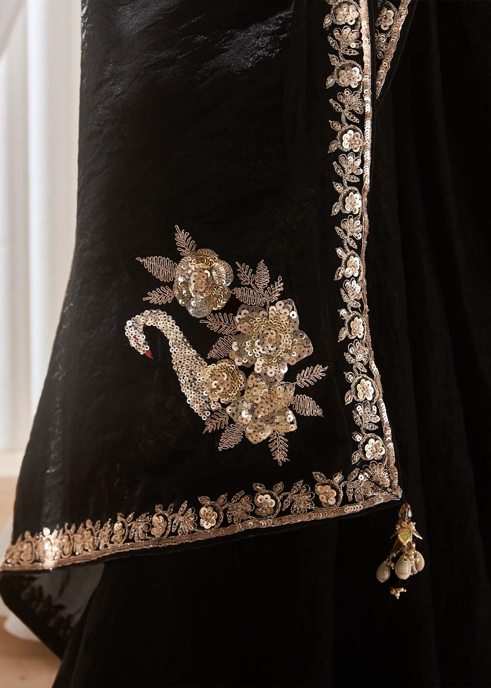 Charcoal Black Tissue Saree with Dhaga,Thread & Sequin Embellishments