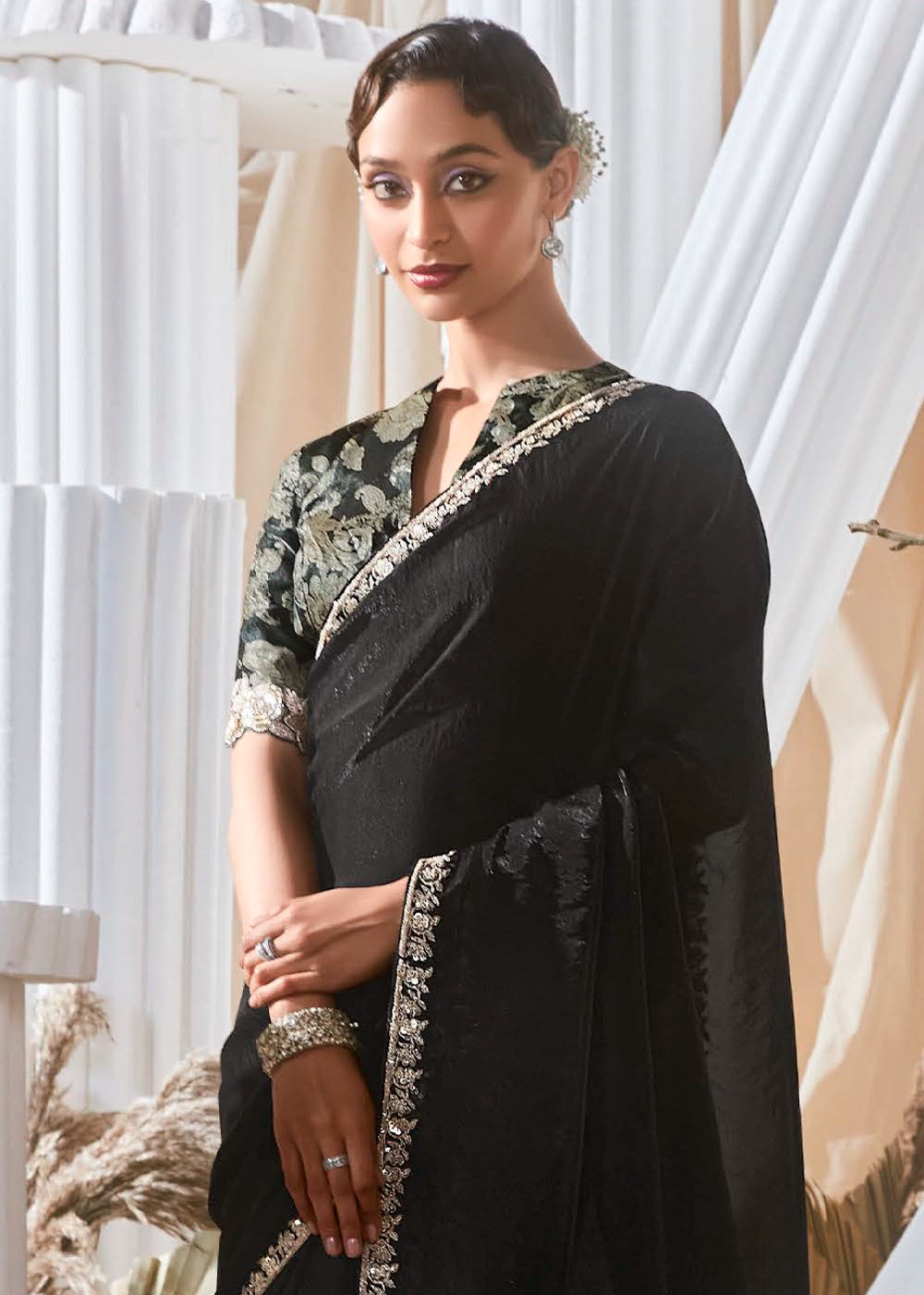 Charcoal Black Tissue Saree with Dhaga,Thread & Sequin Embellishments