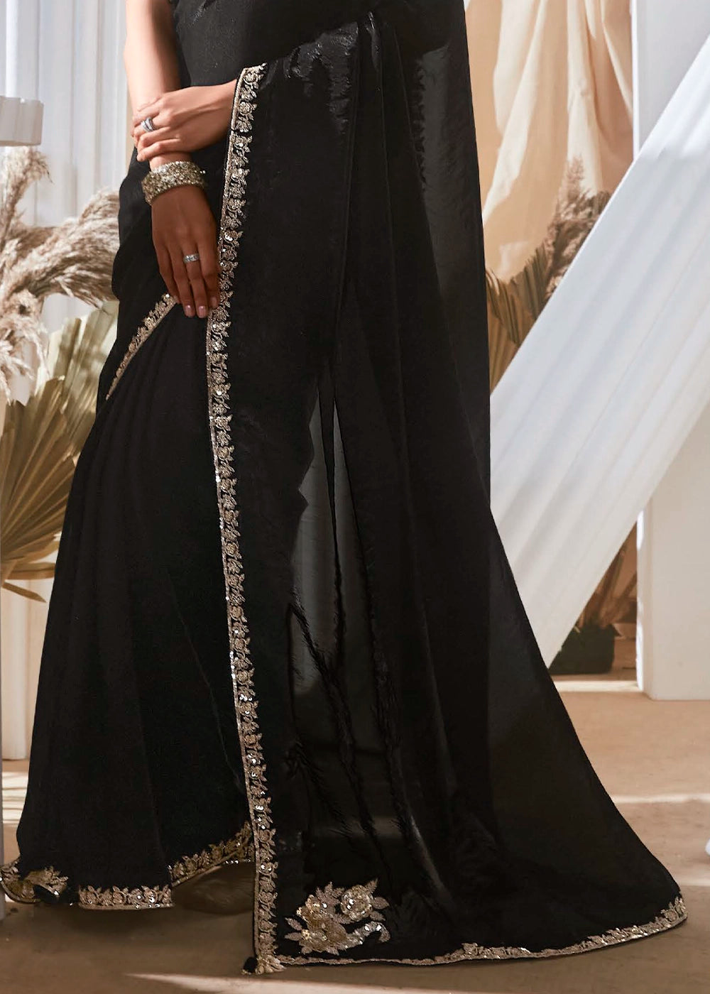 Charcoal Black Tissue Saree with Dhaga,Thread & Sequin Embellishments