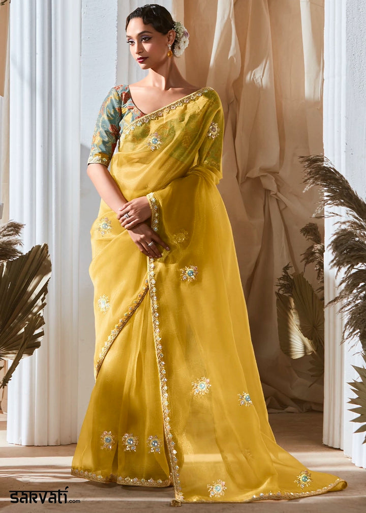 Bright Yellow Tissue Saree with Dhaga,Thread & Sequin Embellishments