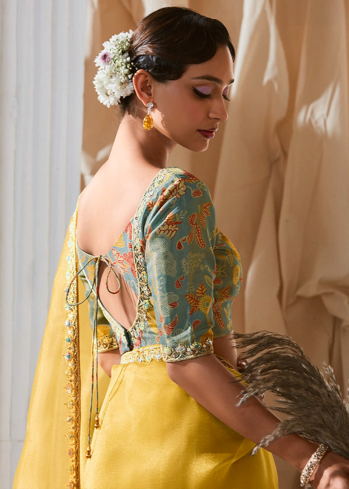 Bright Yellow Tissue Saree with Dhaga,Thread & Sequin Embellishments