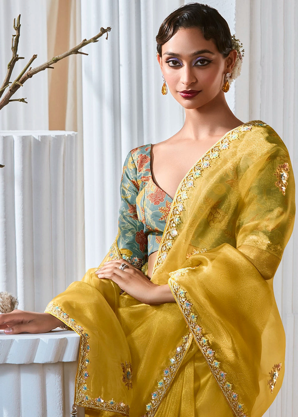 Bright Yellow Tissue Saree with Dhaga,Thread & Sequin Embellishments