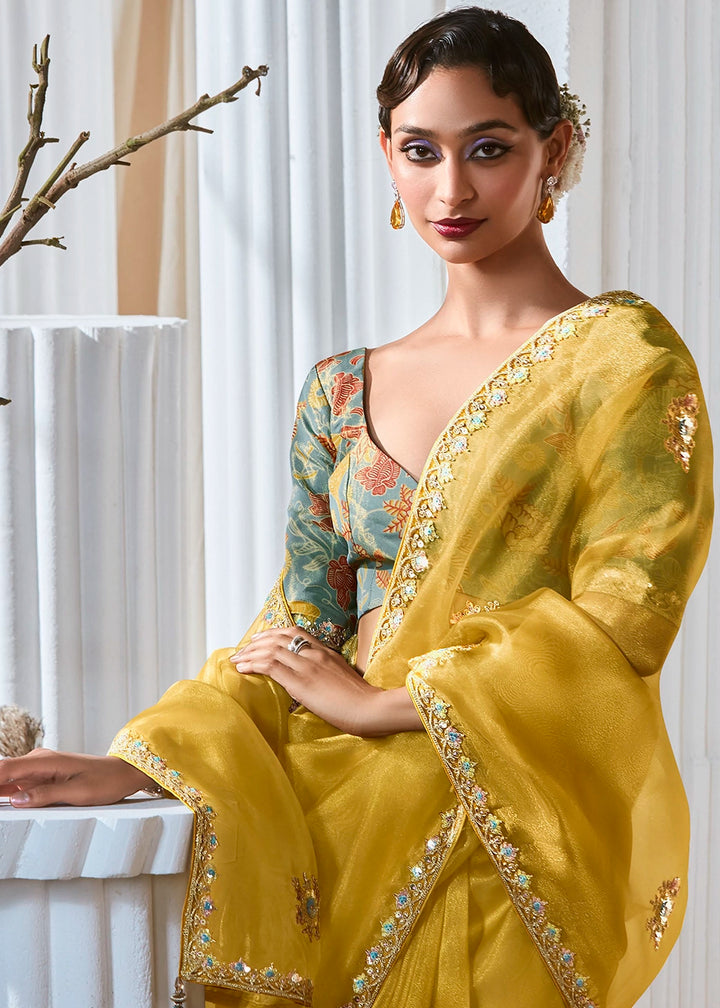 Bright Yellow Tissue Saree with Dhaga,Thread & Sequin Embellishments