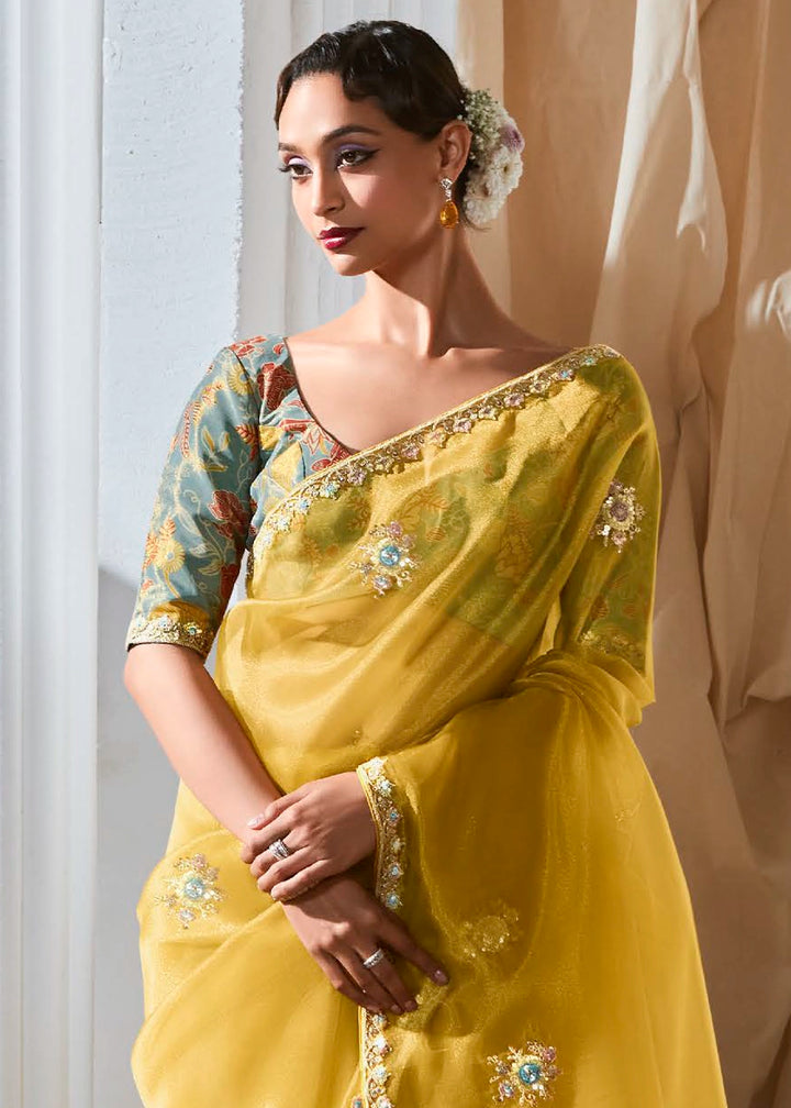 Bright Yellow Tissue Saree with Dhaga,Thread & Sequin Embellishments