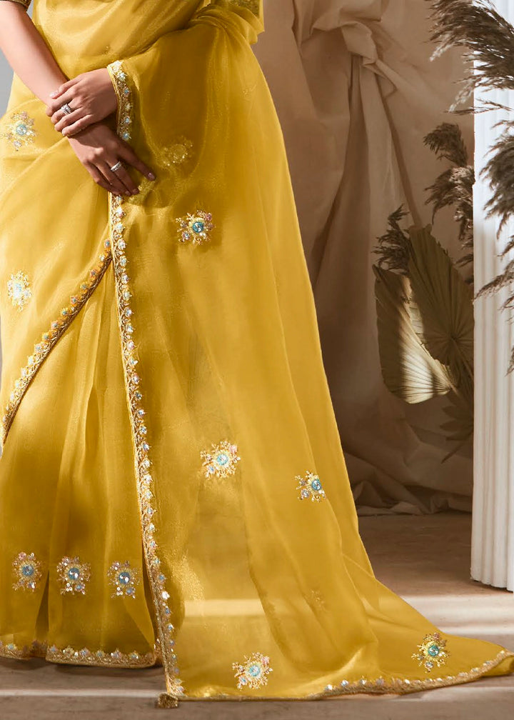 Bright Yellow Tissue Saree with Dhaga,Thread & Sequin Embellishments