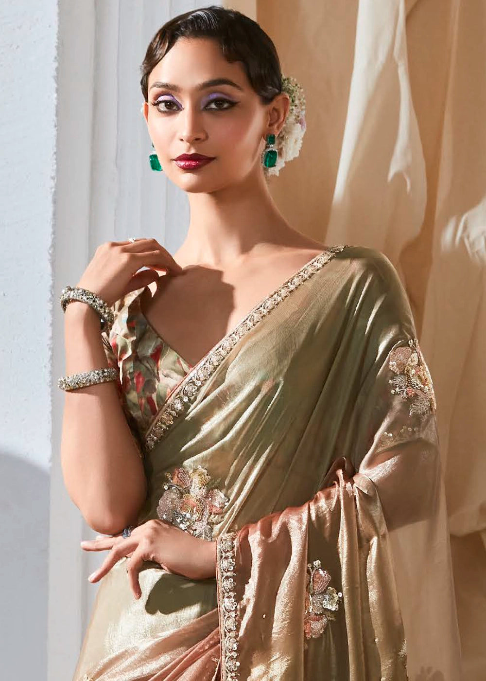 Multi Colored Shaded Tissue Saree with Dhaga,Thread & Sequin Embellishments