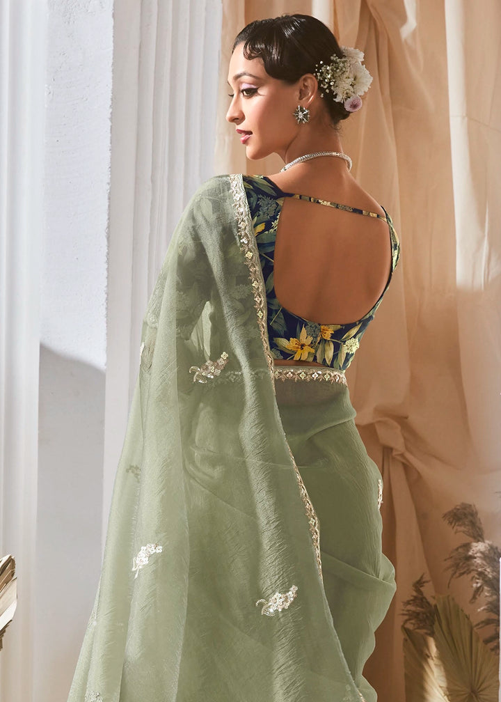 Light Green Tissue Saree with Dhaga,Thread & Sequin Embellishments