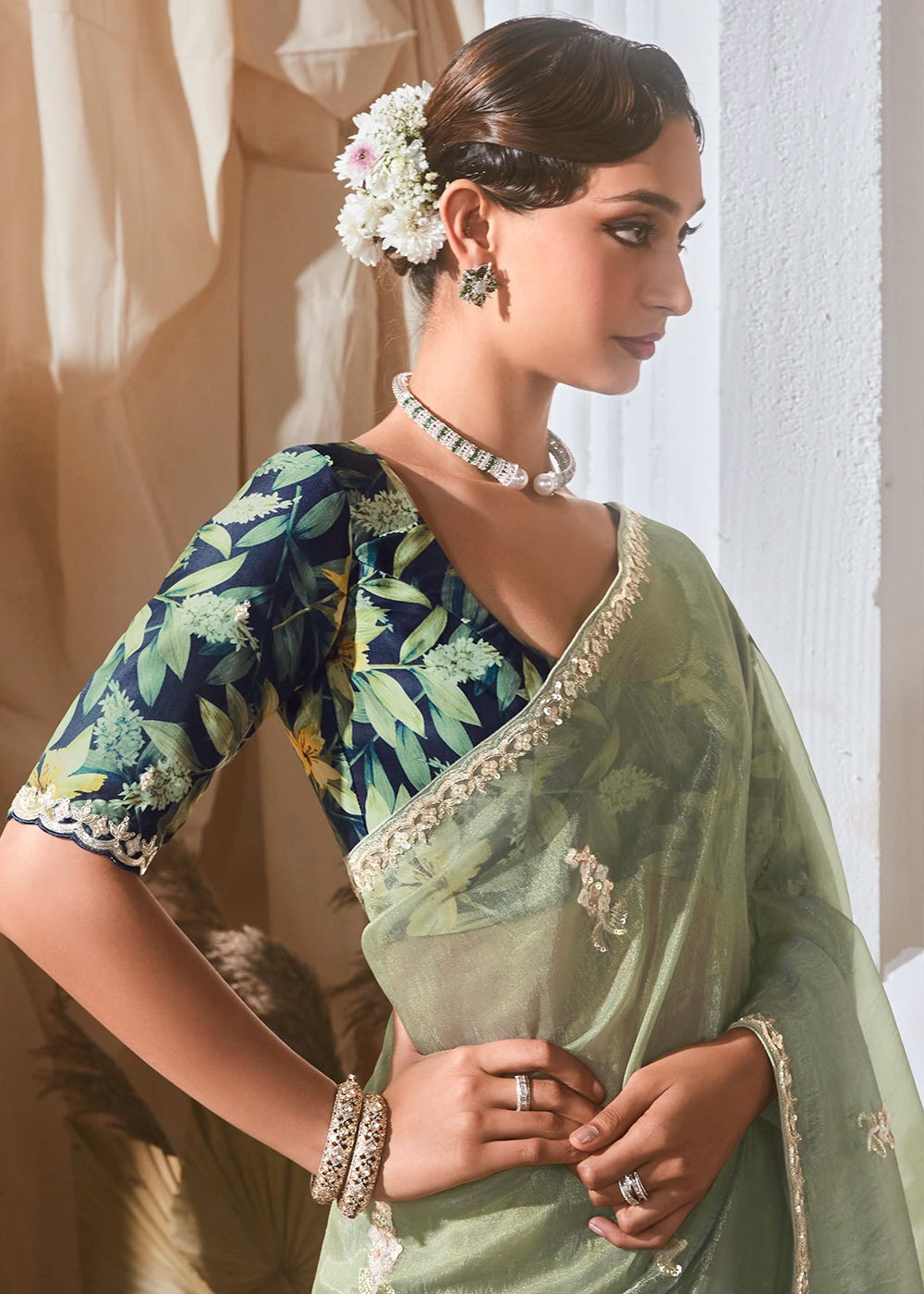 Light Green Tissue Saree with Dhaga,Thread & Sequin Embellishments
