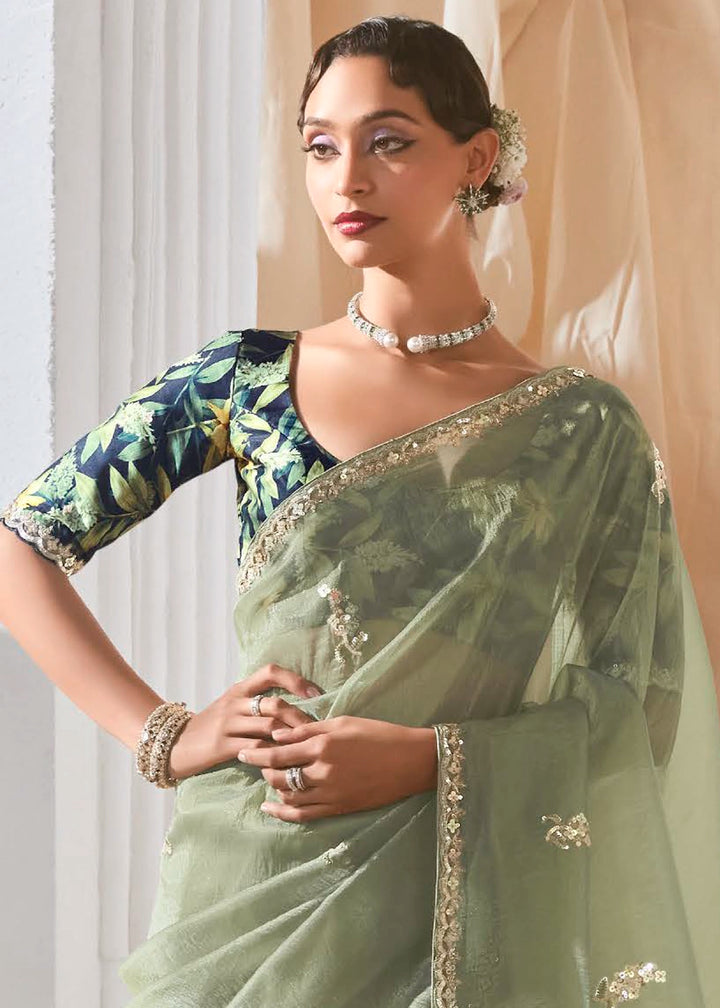 Light Green Tissue Saree with Dhaga,Thread & Sequin Embellishments