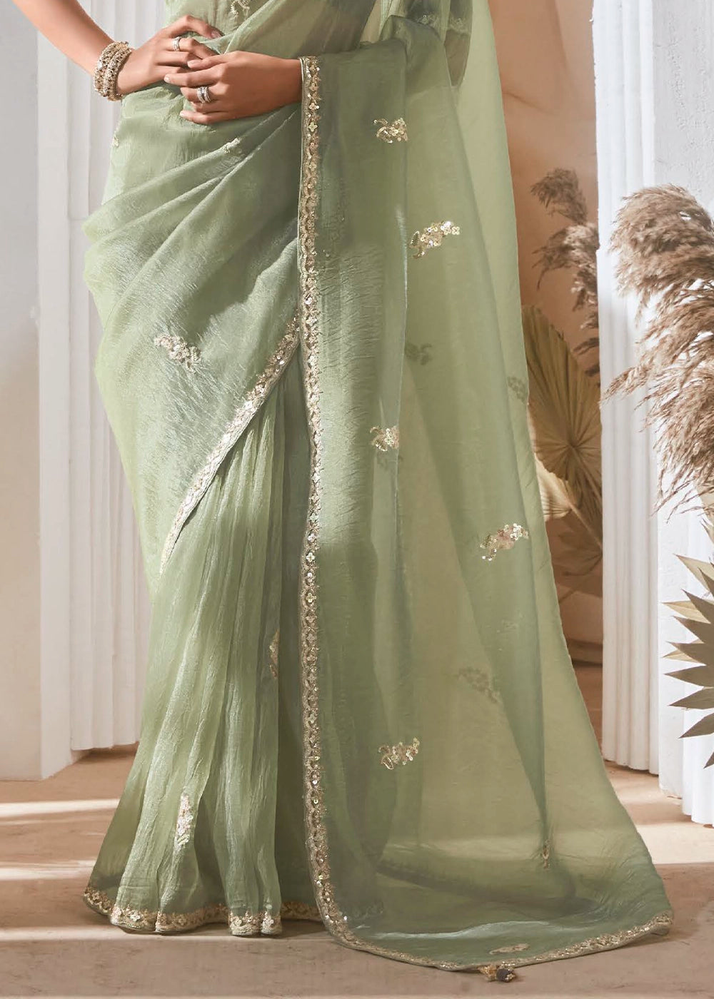 Light Green Tissue Saree with Dhaga,Thread & Sequin Embellishments