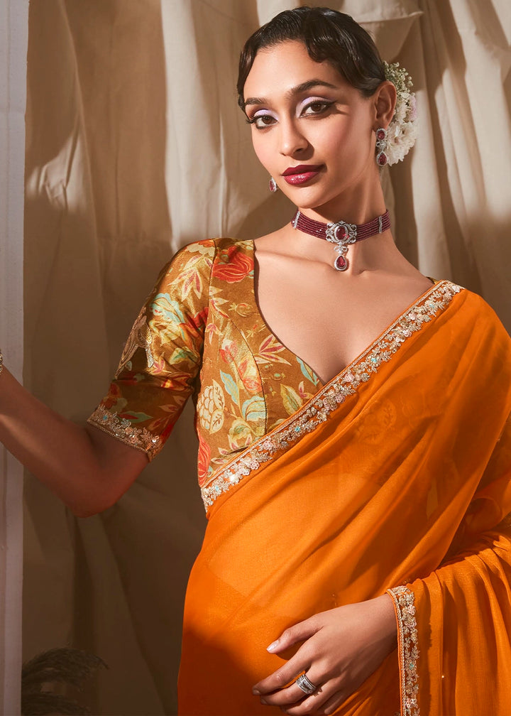 Pumpkin Orange Tissue Saree with Dhaga,Thread & Sequin Embellishments
