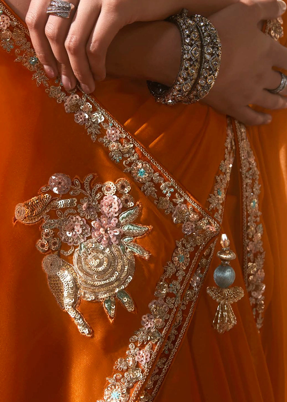 Pumpkin Orange Tissue Saree with Dhaga,Thread & Sequin Embellishments