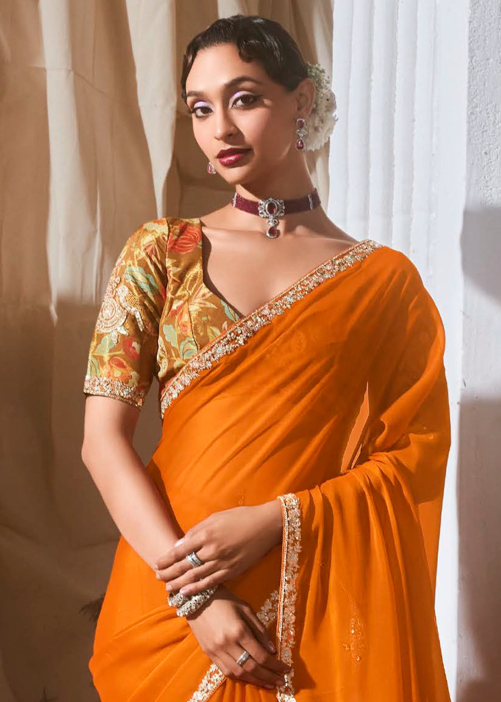 Pumpkin Orange Tissue Saree with Dhaga,Thread & Sequin Embellishments