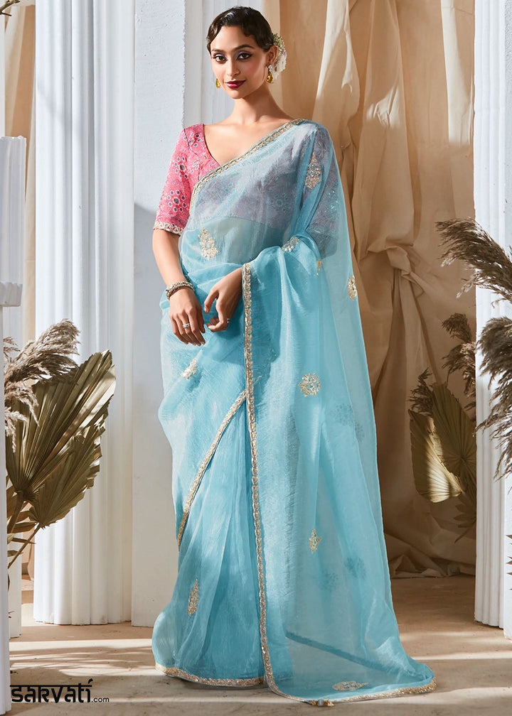 Sky Blue Tissue Saree with Dhaga,Thread & Sequin Embellishments