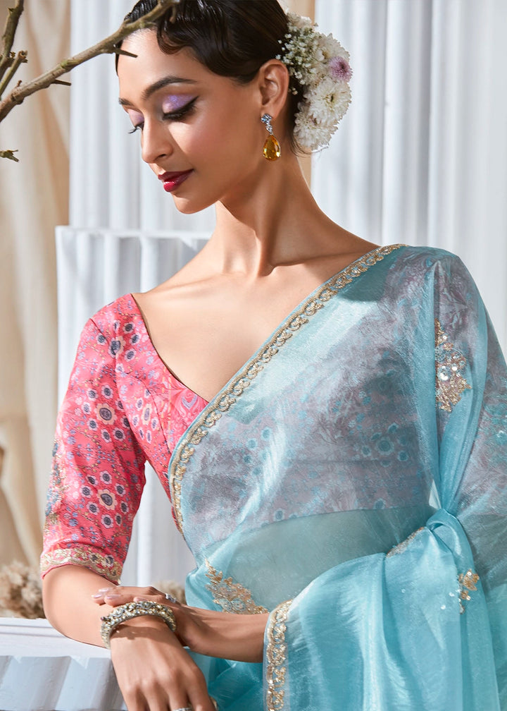 Sky Blue Tissue Saree with Dhaga,Thread & Sequin Embellishments