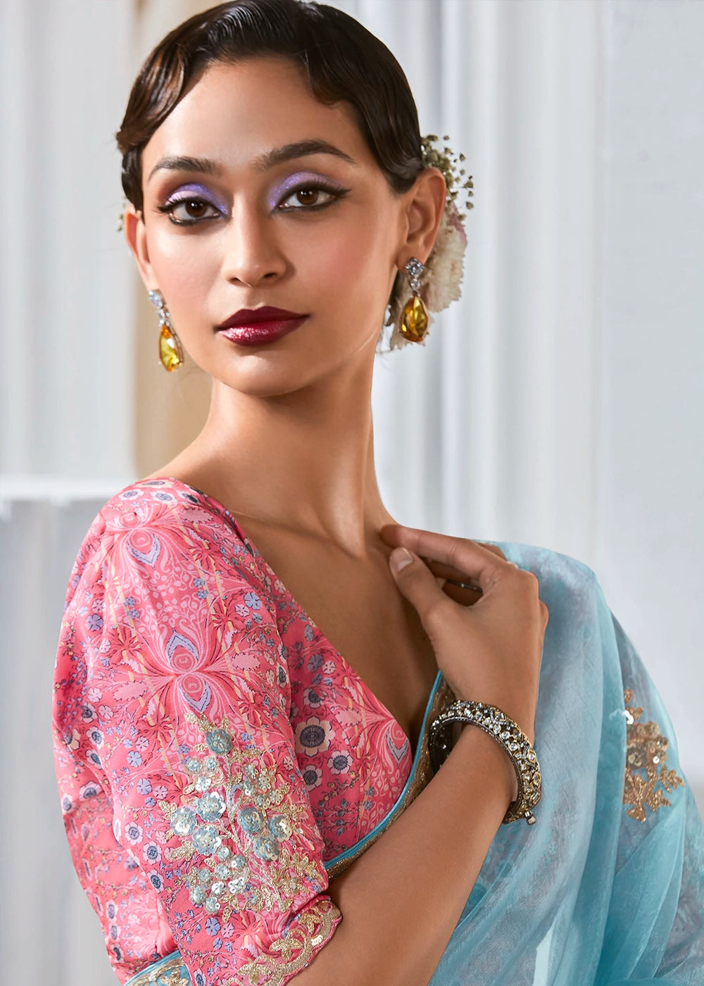 Sky Blue Tissue Saree with Dhaga,Thread & Sequin Embellishments