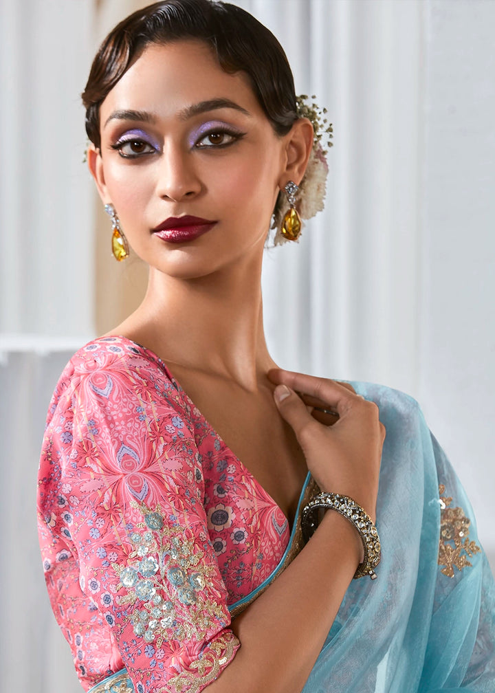 Sky Blue Tissue Saree with Dhaga,Thread & Sequin Embellishments