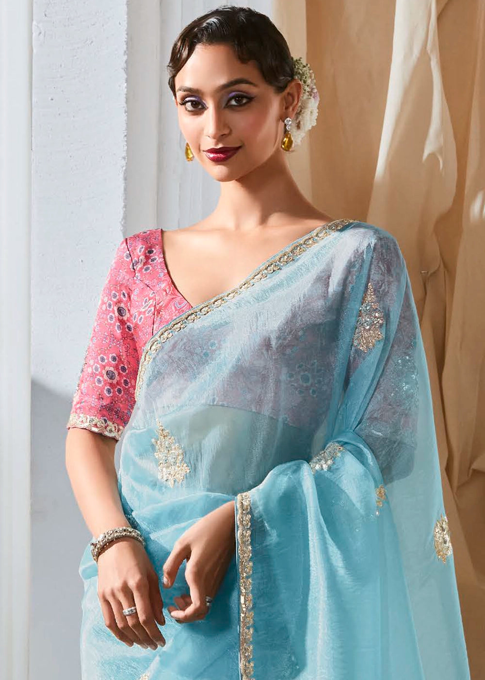 Sky Blue Tissue Saree with Dhaga,Thread & Sequin Embellishments