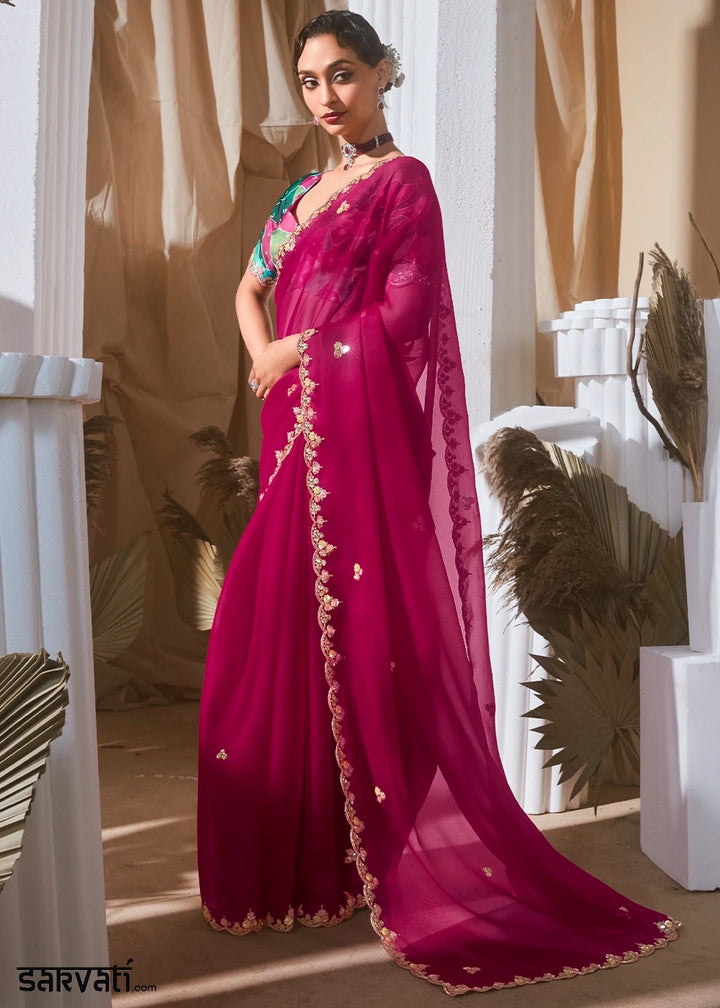 Magenta Pink Tissue Saree with Dhaga,Thread & Sequin Embellishments