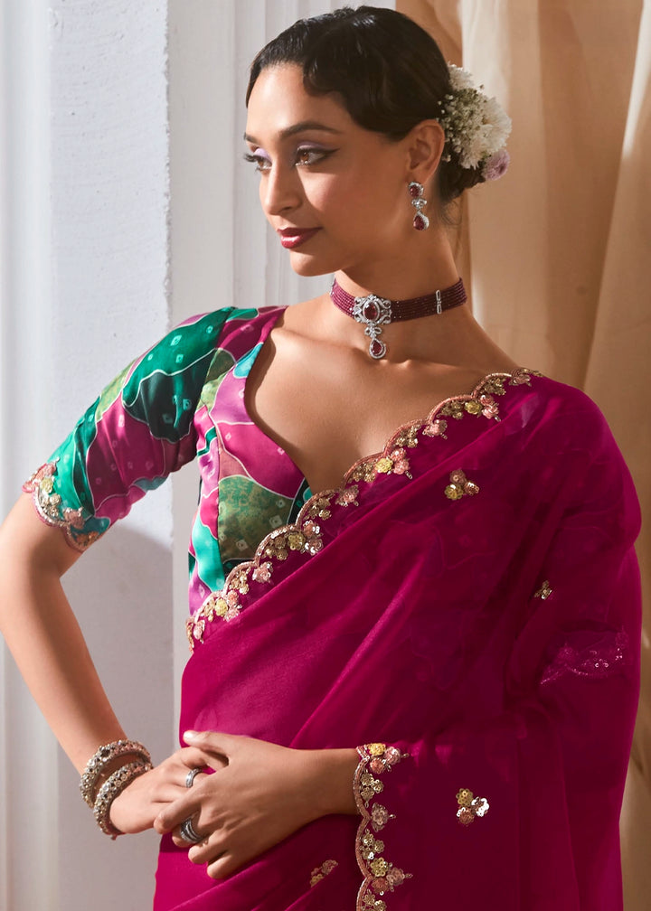 Magenta Pink Tissue Saree with Dhaga,Thread & Sequin Embellishments