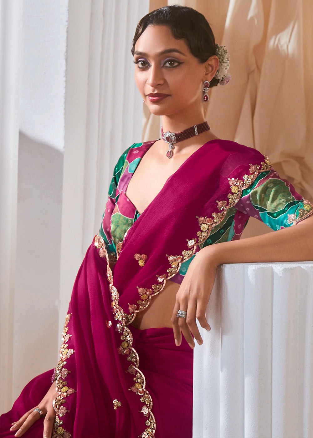 Magenta Pink Tissue Saree with Dhaga,Thread & Sequin Embellishments