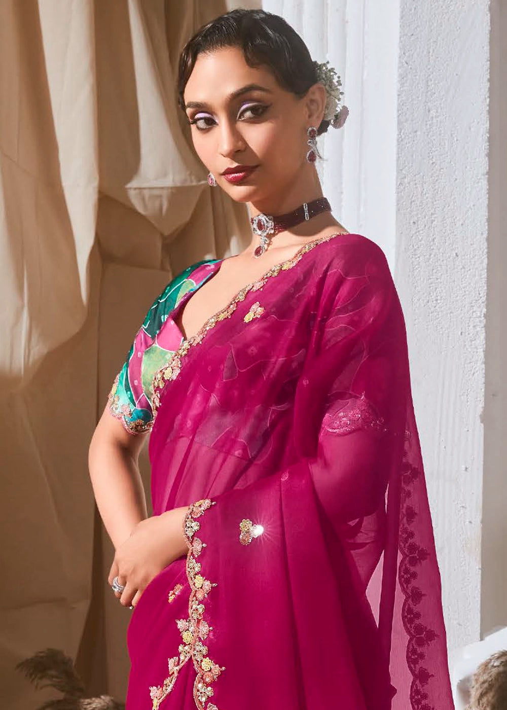 Magenta Pink Tissue Saree with Dhaga,Thread & Sequin Embellishments