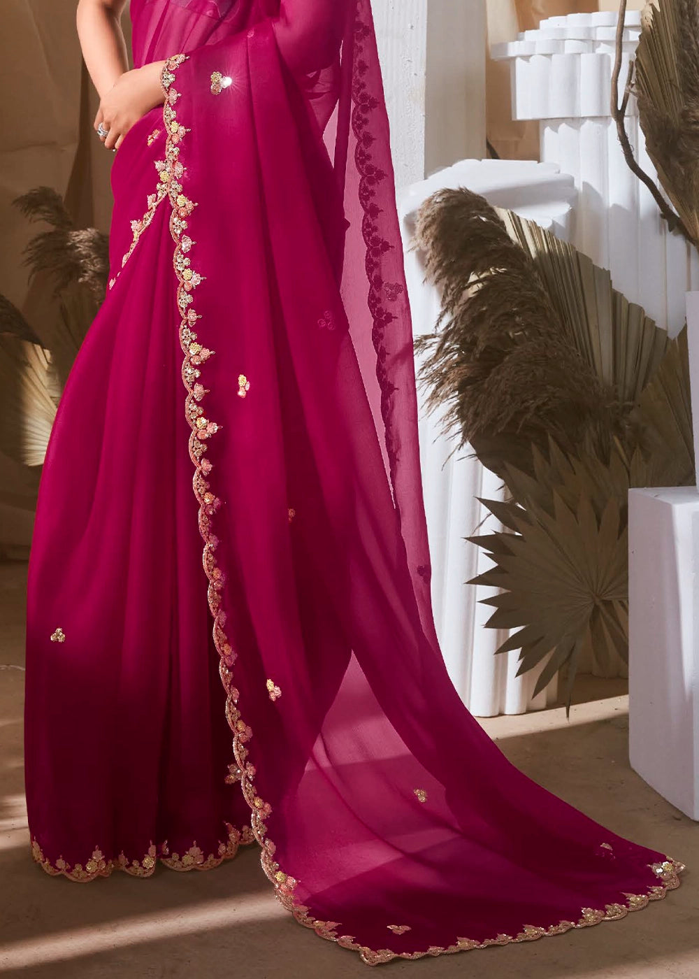Magenta Pink Tissue Saree with Dhaga,Thread & Sequin Embellishments
