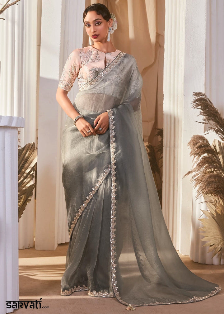 Smoke Grey Tissue Saree with Dhaga,Thread & Sequin Embellishments
