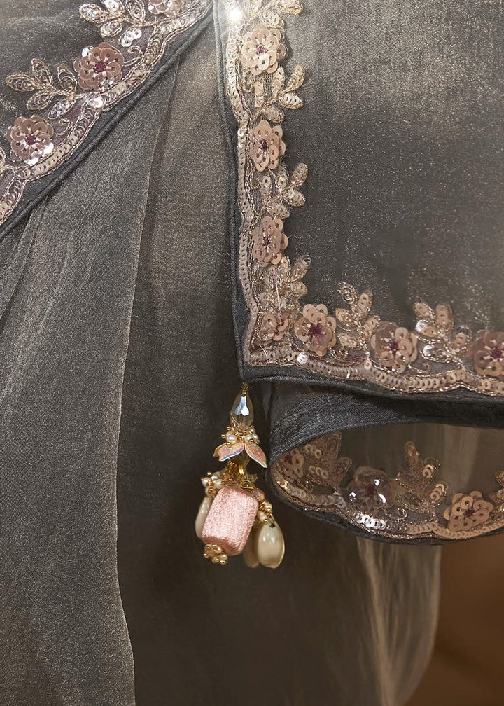 Smoke Grey Tissue Saree with Dhaga,Thread & Sequin Embellishments