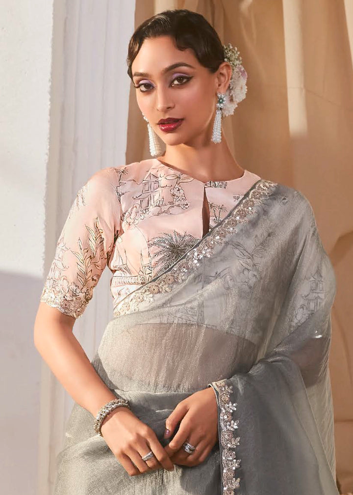 Smoke Grey Tissue Saree with Dhaga,Thread & Sequin Embellishments