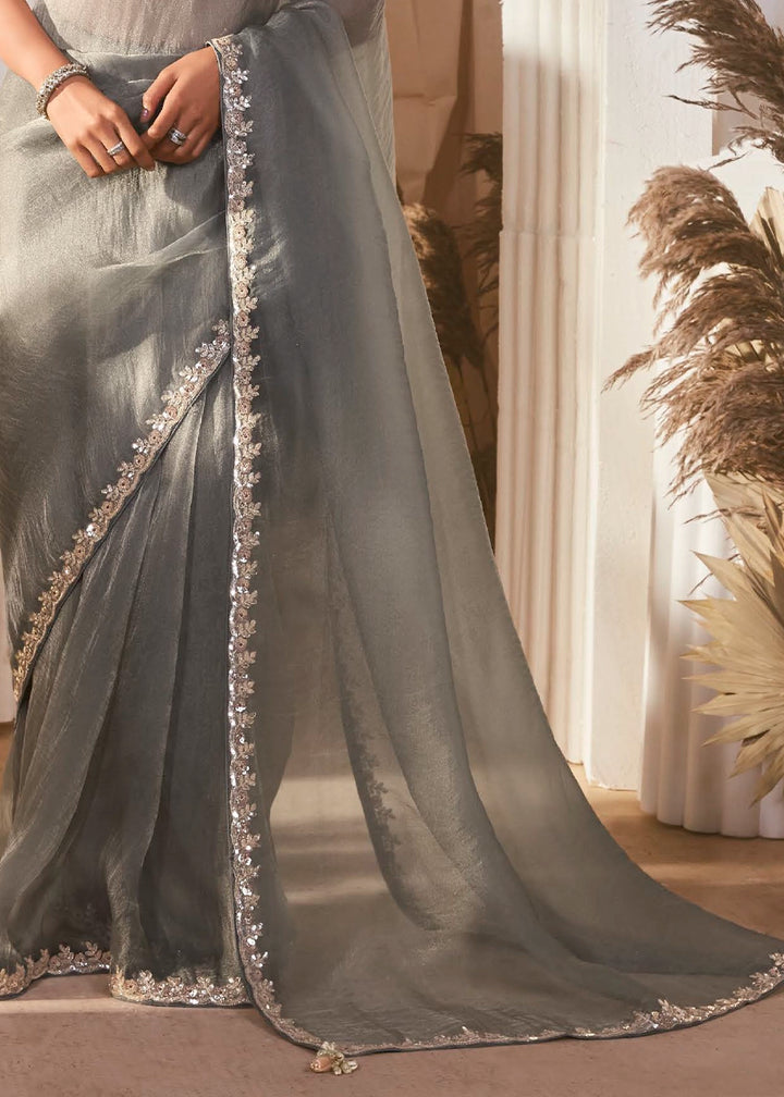 Smoke Grey Tissue Saree with Dhaga,Thread & Sequin Embellishments