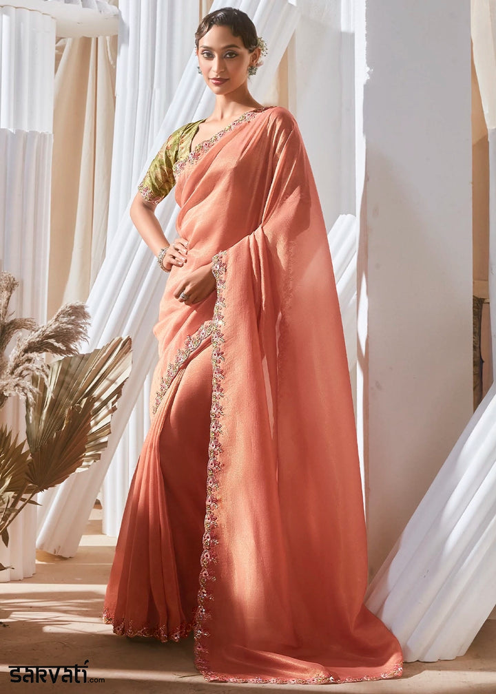 Salmon Pink Tissue Saree with Dhaga,Thread & Sequin Embellishments