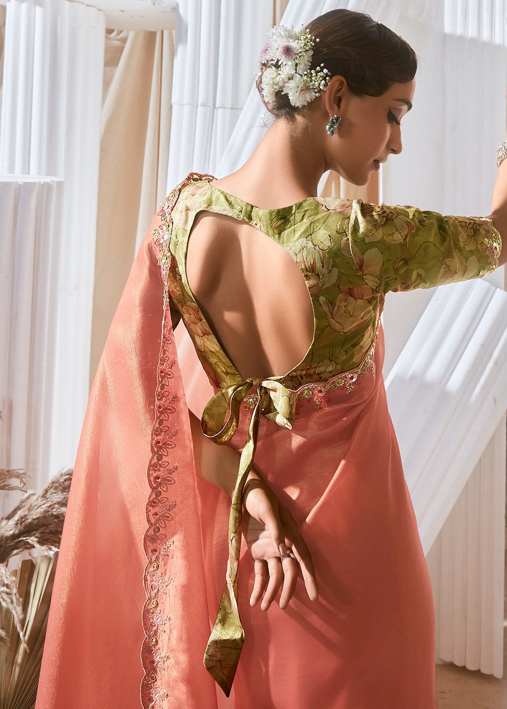 Salmon Pink Tissue Saree with Dhaga,Thread & Sequin Embellishments