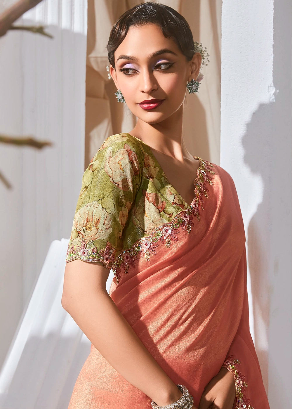 Salmon Pink Tissue Saree with Dhaga,Thread & Sequin Embellishments