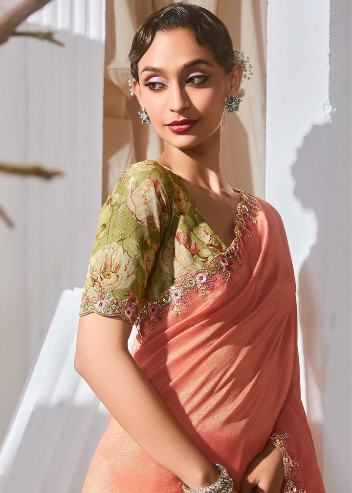 Salmon Pink Tissue Saree with Dhaga,Thread & Sequin Embellishments