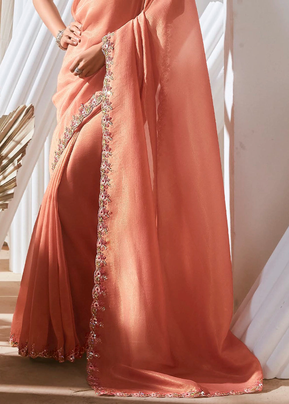 Salmon Pink Tissue Saree with Dhaga,Thread & Sequin Embellishments