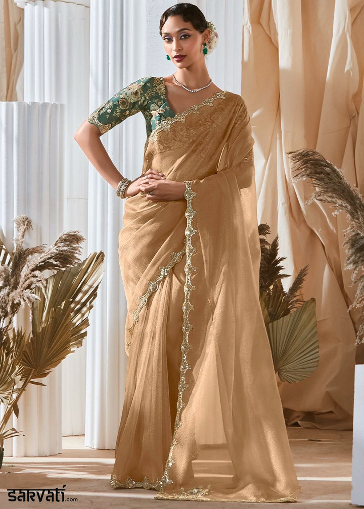 Tan Brown Tissue Saree with Dhaga,Thread & Sequin Embellishments