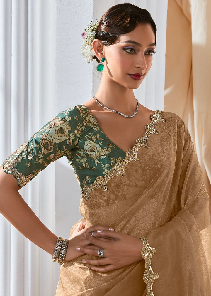 Tan Brown Tissue Saree with Dhaga,Thread & Sequin Embellishments