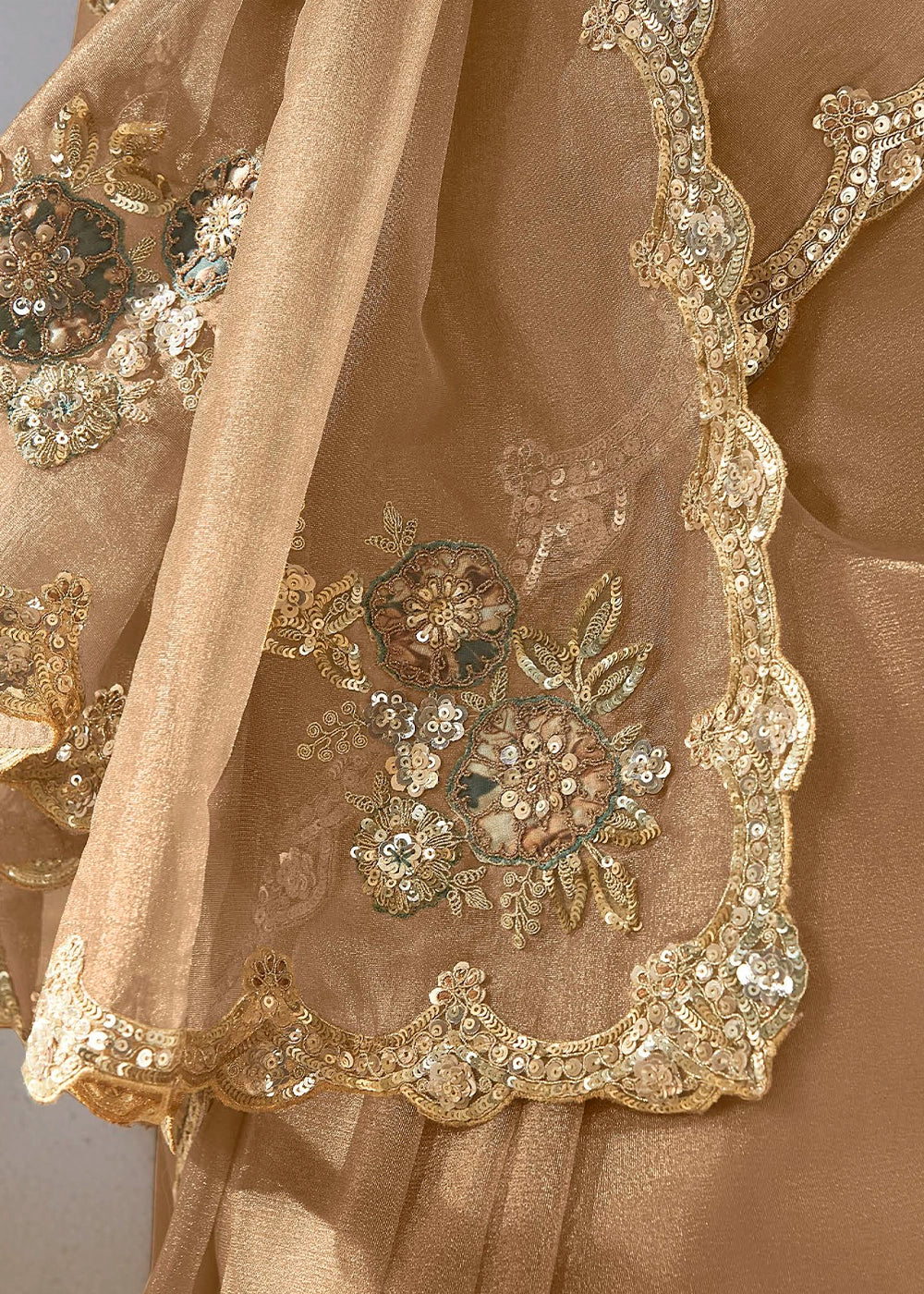 Tan Brown Tissue Saree with Dhaga,Thread & Sequin Embellishments