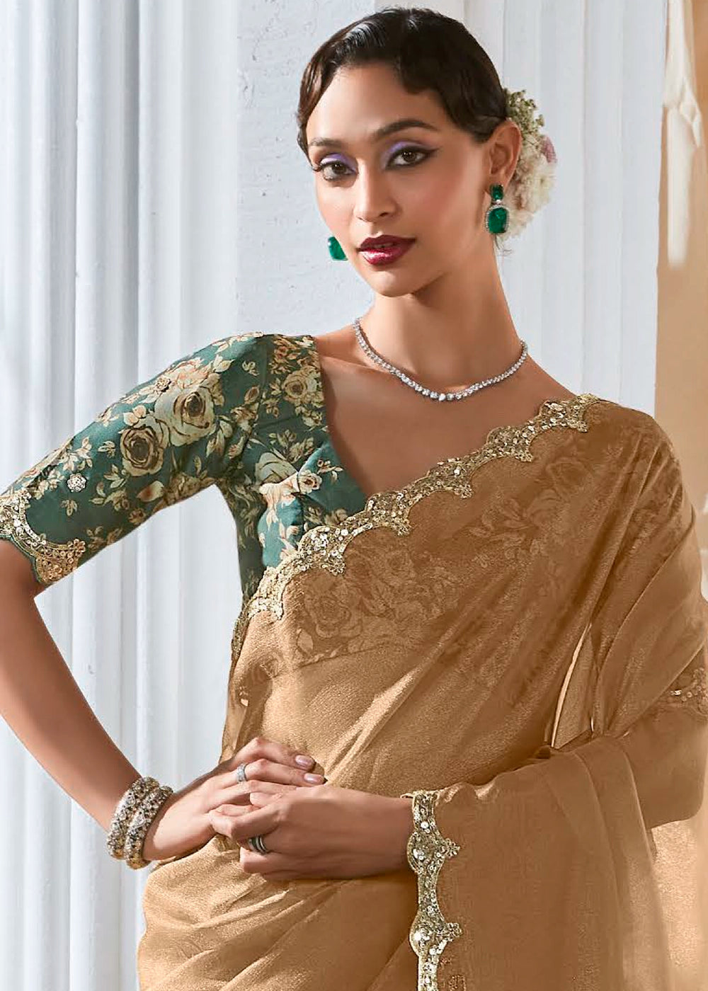 Tan Brown Tissue Saree with Dhaga,Thread & Sequin Embellishments